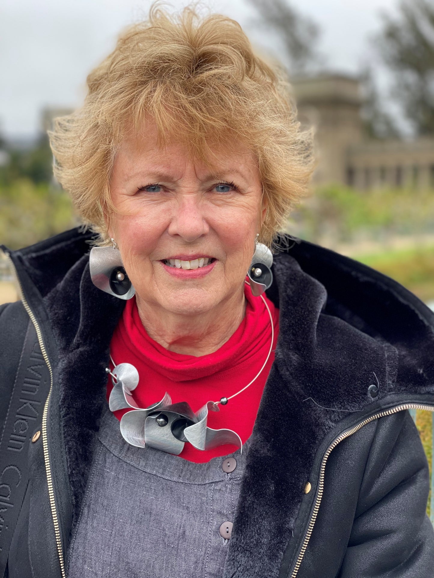 PULSE 1 Large Undulating Aluminum Post Earrings from the SOUND Collection with Recycled Record Vinyl and Simulated Pearls