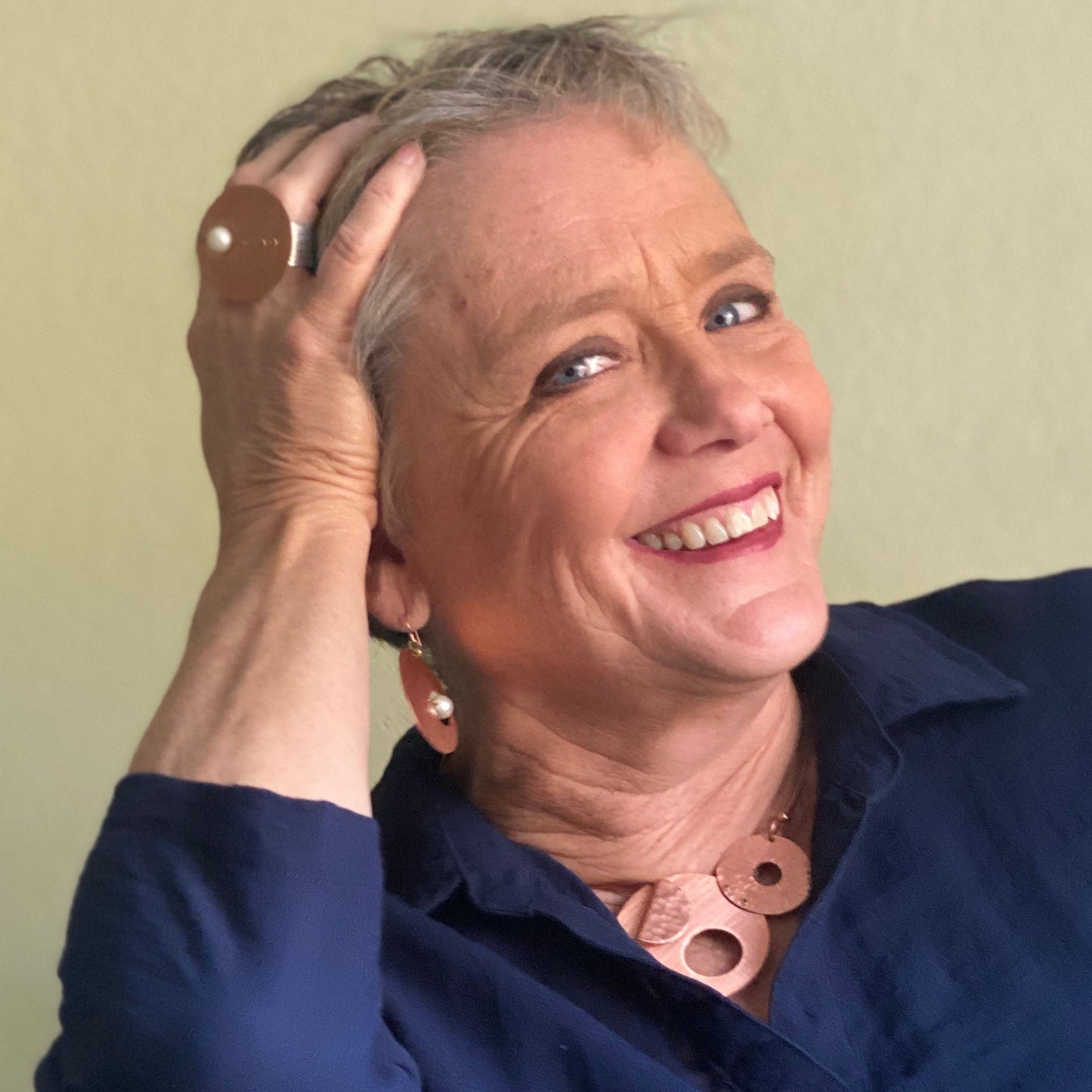 AXIS 2 Small Artistic Metal Statement Necklace with Front Closure from the LIMINAL Collection with Simulated Pearl or Jade option