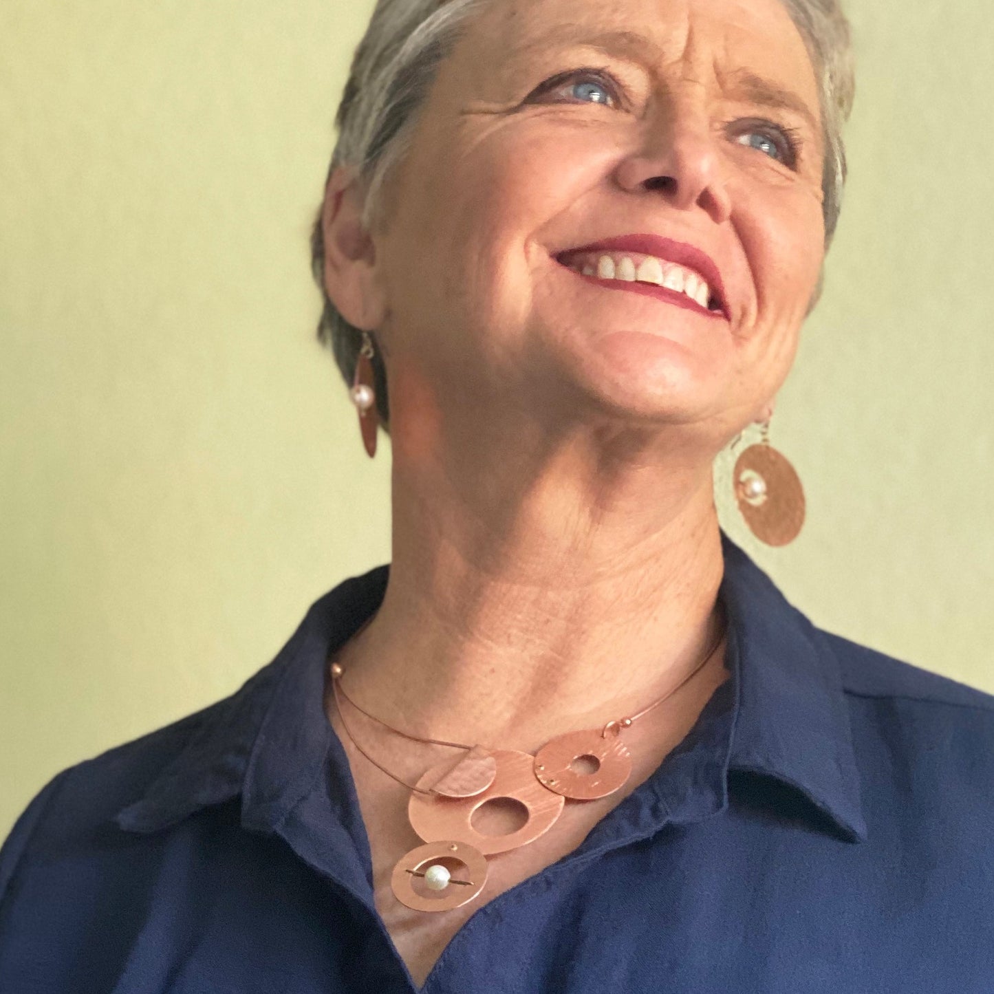 AXIS 3 Medium Sized Artistic Metal Statement Necklace with Front Closure from the LIMINAL Collection with Simulated Pearl or Jade option