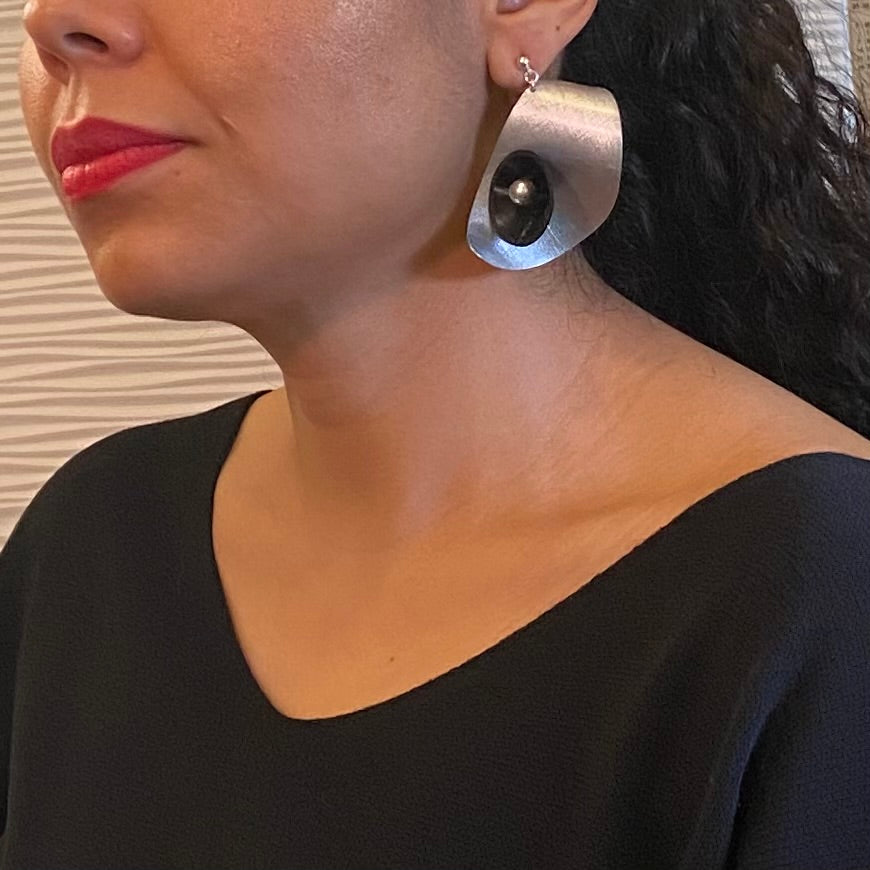 PULSE 1 Large Undulating Aluminum Post Earrings from the SOUND Collection with Recycled Record Vinyl and Simulated Pearls