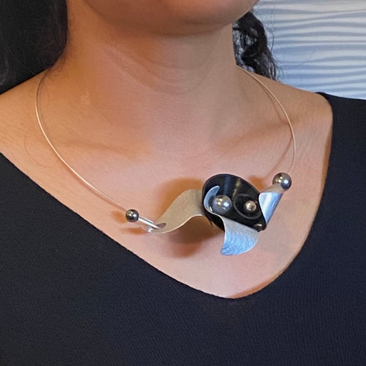 PULSE 2 A Smaller Centerpiece Necklace from the SOUND Collection with Recycled Record Vinyl and Simulated Pearls