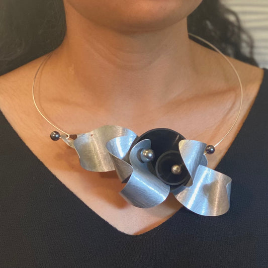 SOUND | PULSE 1 Contemporary Aluminum Statement Necklace, Recycled Vinyl & Simulated Pearls