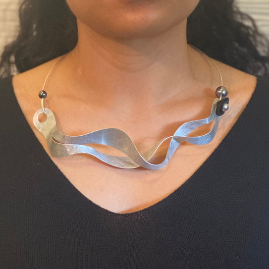 OSCILLATE 2 Sound Waves Move in this Delicate Art Necklace from the SOUND Collection with Recycled Record Vinyl and Simulated Pearls