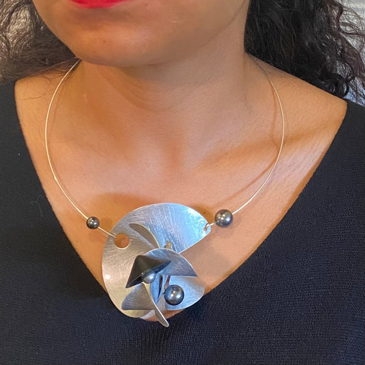 VOLUME 1 3-D Pendant Style Focal Necklace from the SOUND Collection with Recycled Record Vinyl and Simulated Pearls