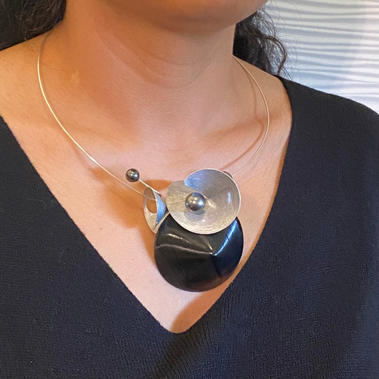 VOLUME 2 Record Vinyl is the Centerpiece of this Focal Necklace from the SOUND Collection with Recycled Record Vinyl and Simulated Pearls