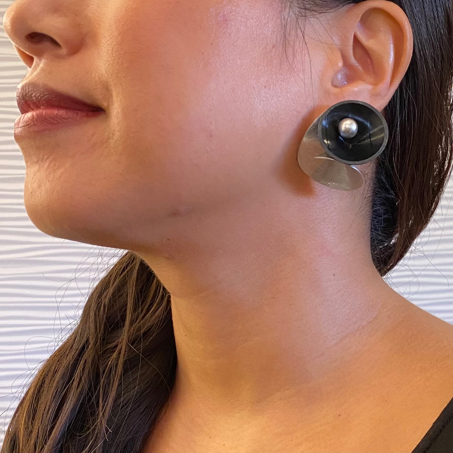 VOLUME 2 Medium Sized Multi-Sided Post Earrings from the SOUND Collection with Recycled Record Vinyl and Simulated Pearls