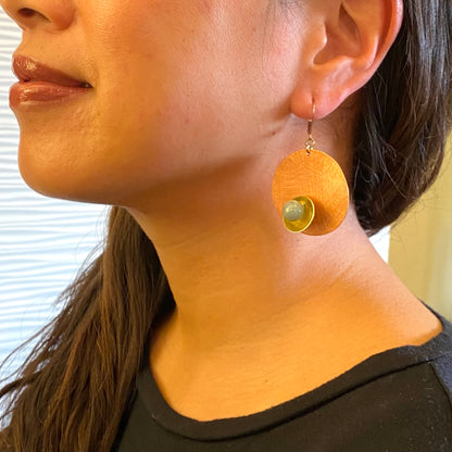 BUD Modern Round Earrings: Sculptural Brass, Aluminum, Copper - Simulated Pearl