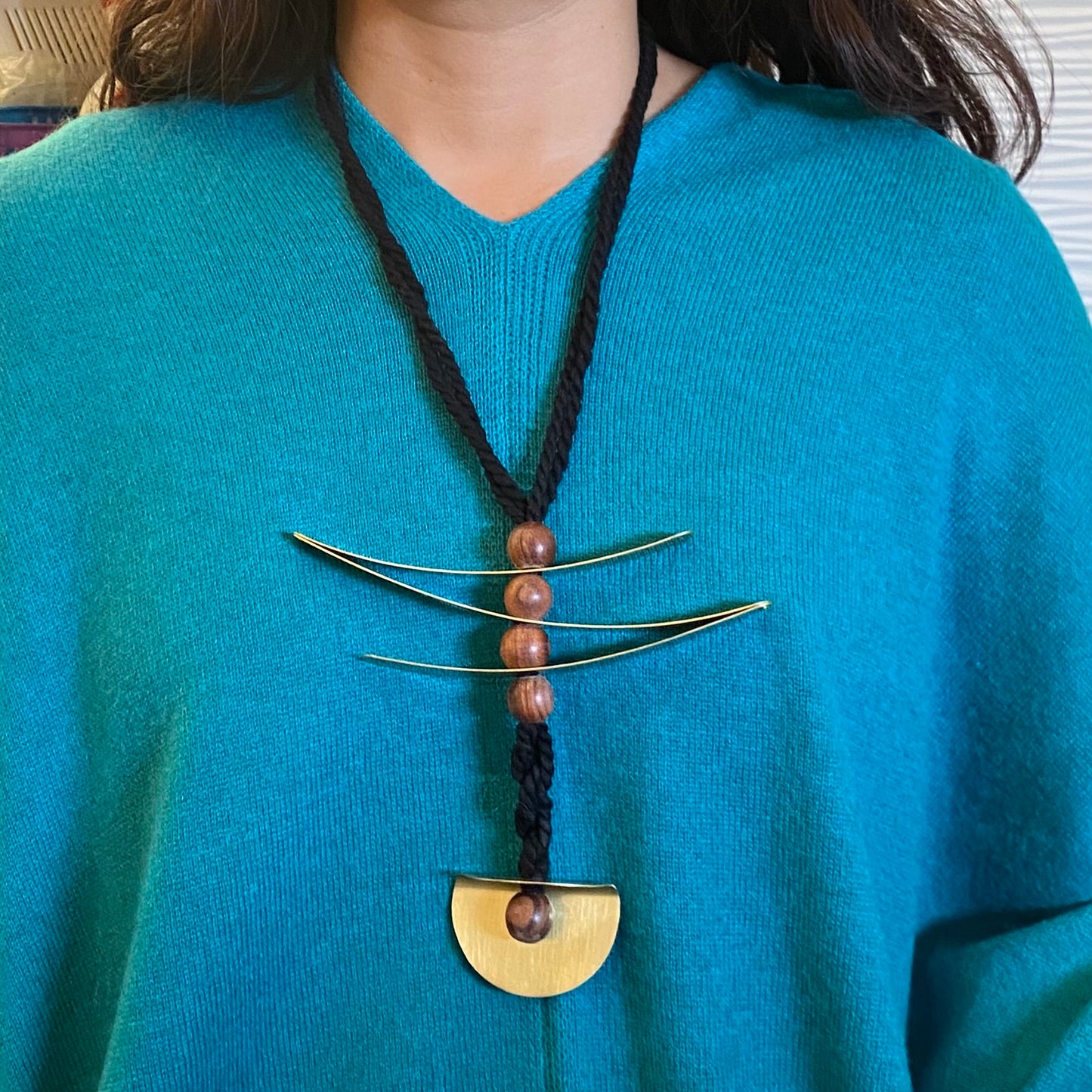 RUBIA Popular Long, Zig Zag, Over the Head, Organic Textile and Wood Necklace