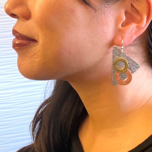 DARE Mixed Metal Triangle Shaped Dangle Metal Earrings