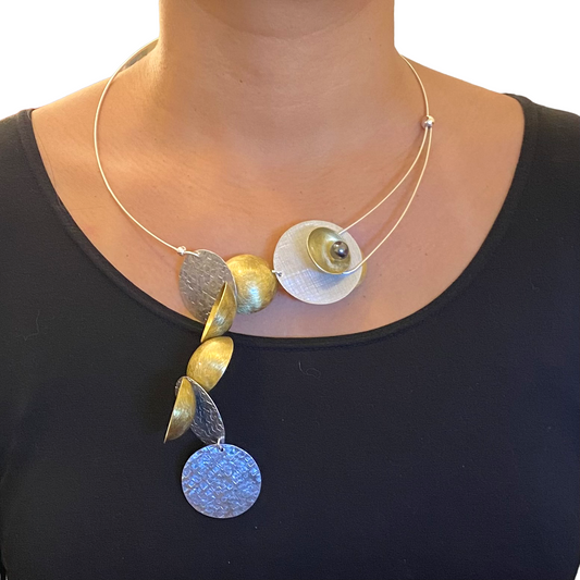 CLOUD Asymmetrical Dangling Mixed Metal Statement Necklace with Front Closure from the SCULPTURAL Collection with Simulated Pearl or Jade option