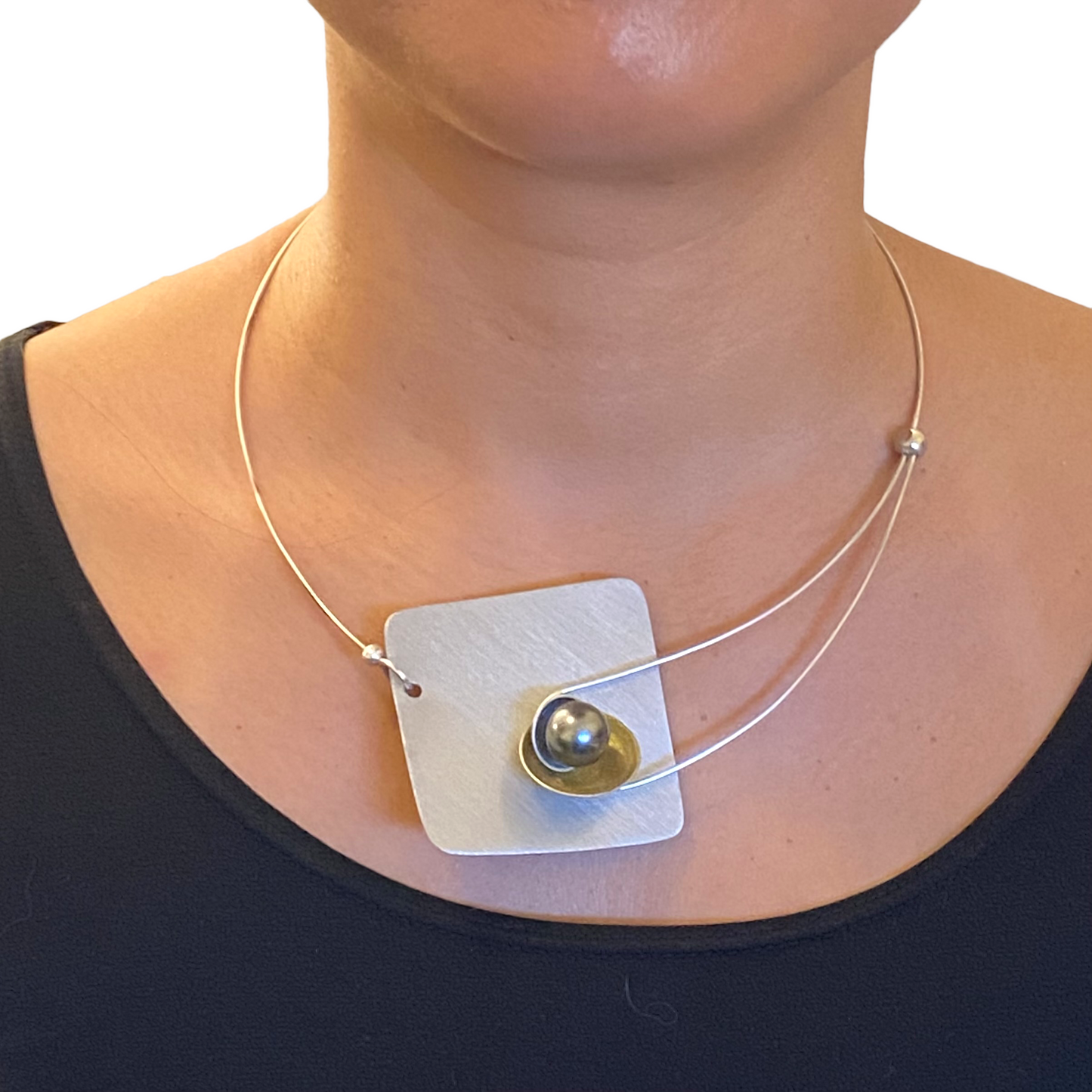 DAWN Best Selling Small Angular Metal Necklace from the SCULPTURAL Collection with Simulated Pearl or Jade option