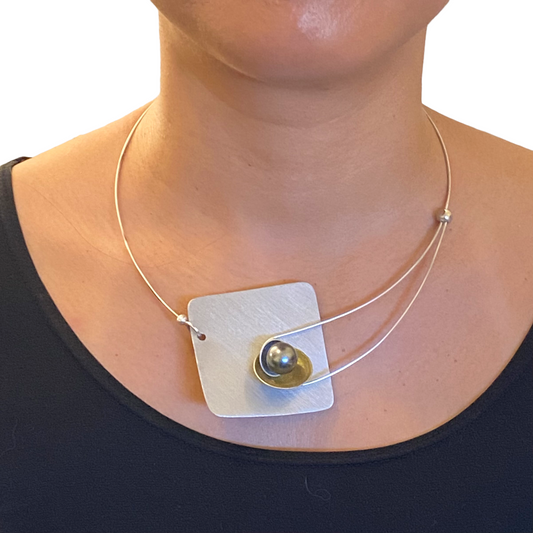DAWN Best Selling Small Angular Metal Necklace from the SCULPTURAL Collection with Simulated Pearl or Jade option
