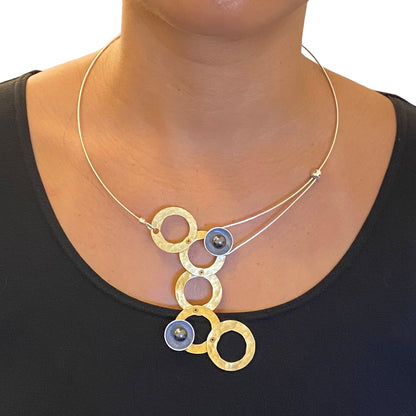 STREAM Cascading Metal Disc Necklace with Simulated Pearl