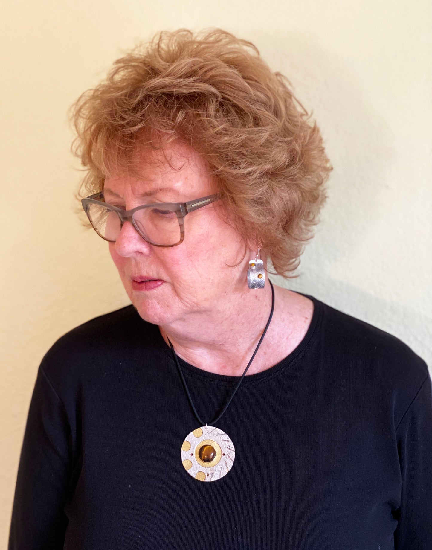 BORE Hammered Metal and Tigereye Dangle Loop Earrings