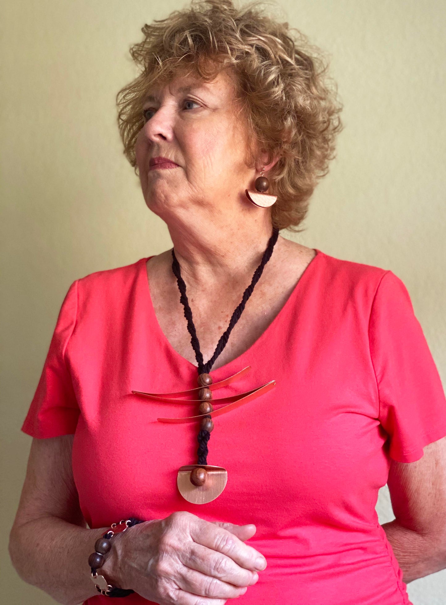 RUBIA Popular Long, Zig Zag, Over the Head, Organic Textile and Wood Necklace