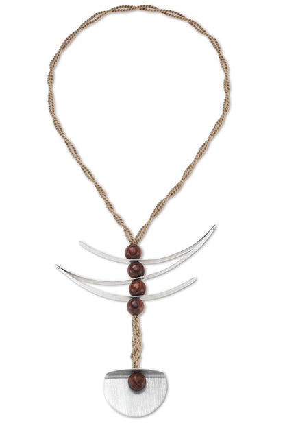 RUBIA Popular Long, Zig Zag, Over the Head, Organic Textile and Wood Necklace