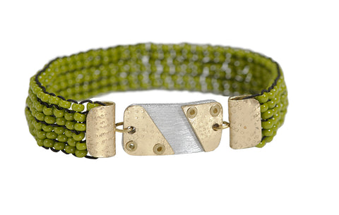 Beaded Brac 1/2" Olive Green bds w/Brs Triangles on Alu